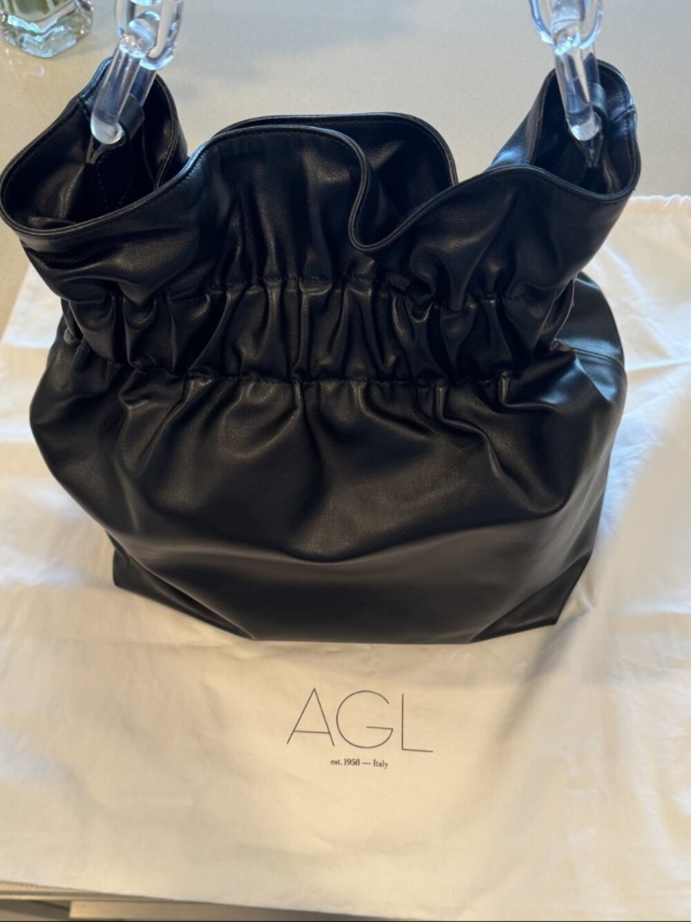 Authentic AGL (Attilio Giusti Leombruni) Black Leather Cinch Bag w/ Clear Chain - Picture 4 of 4